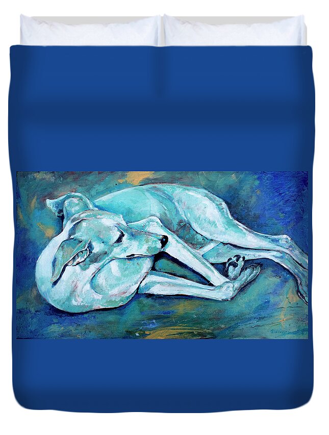 Dog Duvet Cover featuring the painting Whippet-Effects of gravity-3 by Derrick Higgins