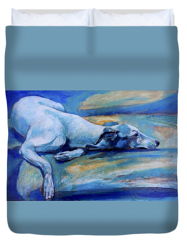 Dog Duvet Cover featuring the painting Whippet-Effects of gravity-6 by Derrick Higgins