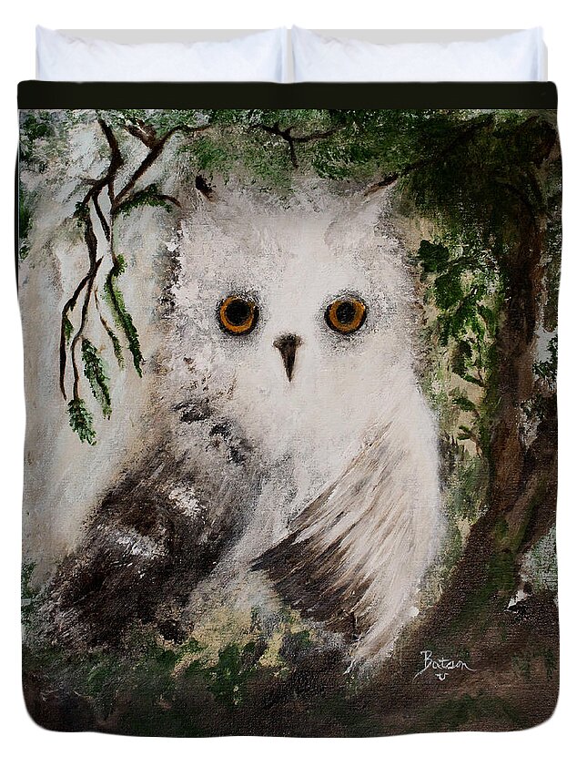Snow Duvet Cover featuring the painting Whisper the Snowy Owl by Barbie Batson
