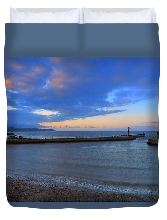 Water's Edge Duvet Cover featuring the photograph Whitby Harbour Entrance At Sunset by Louise Heusinkveld