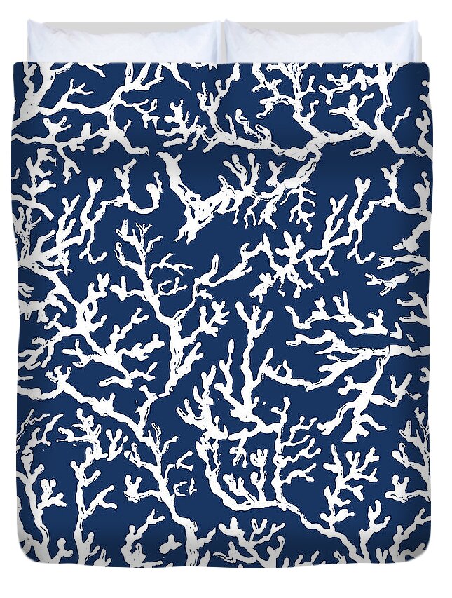 White Duvet Cover featuring the mixed media White Coral On Blue Pattern by South Social D