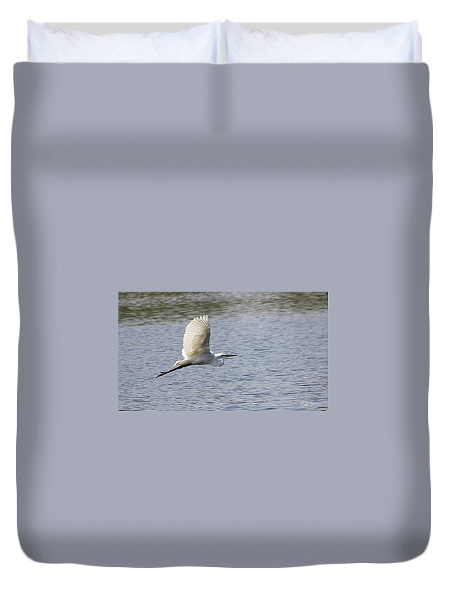 Egret Duvet Cover featuring the photograph White Egret Flying by Diana Haronis