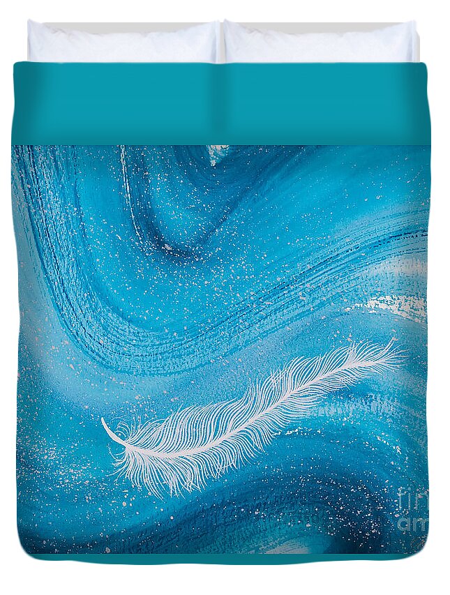 Feather Duvet Cover featuring the painting White spiritual feather on pale blue wave by Carolyn Bennett by Simon Bratt
