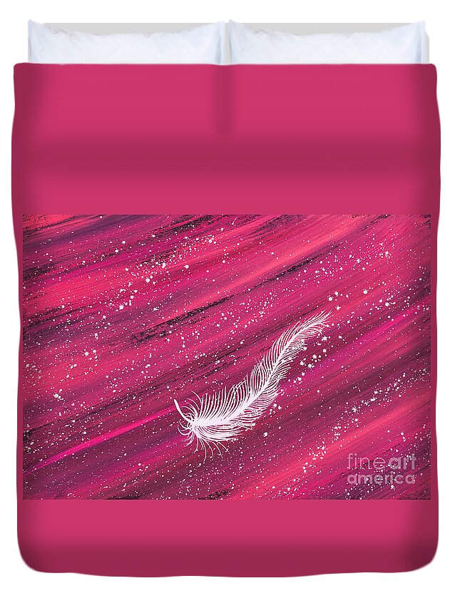 Feather Duvet Cover featuring the painting White spiritual feather on pink streak by Carolyn Bennett by Simon Bratt