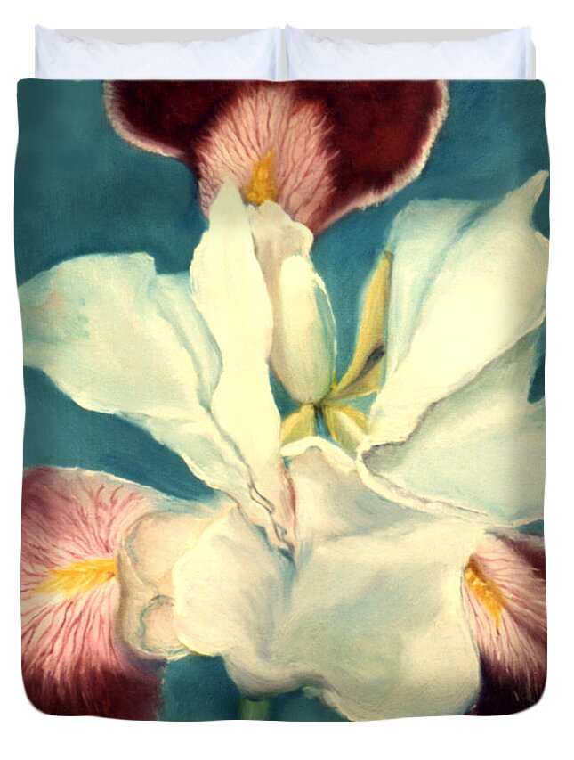 Flowers Duvet Cover featuring the painting White Iris by Anni Adkins