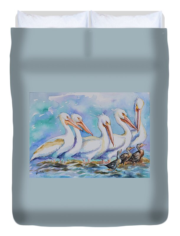 White Pelicans Duvet Cover featuring the painting White Pelicans by Jyotika Shroff