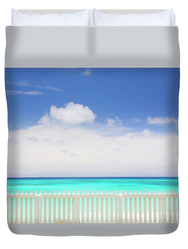 Scenics Duvet Cover featuring the photograph White Picket Fence Near Tropical Beach by Grant Faint