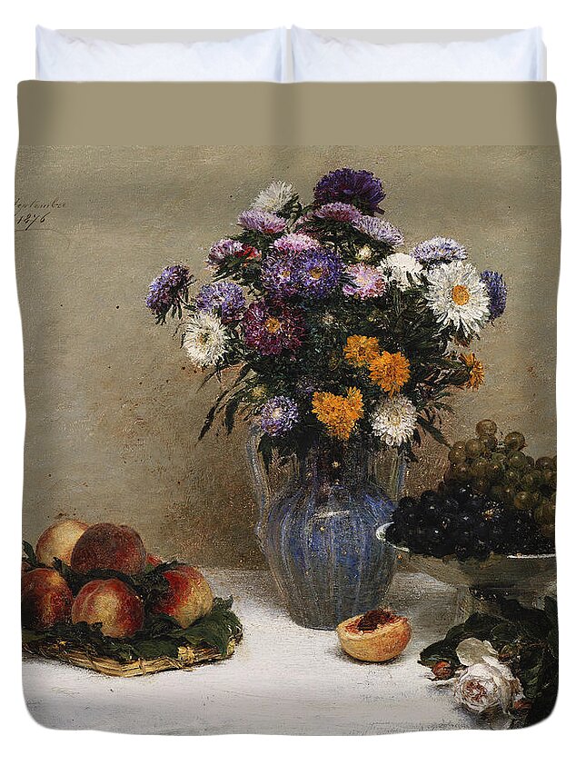 Still-life Duvet Cover featuring the painting White Roses and Chrysanthemums by Henri Fantin-Latour