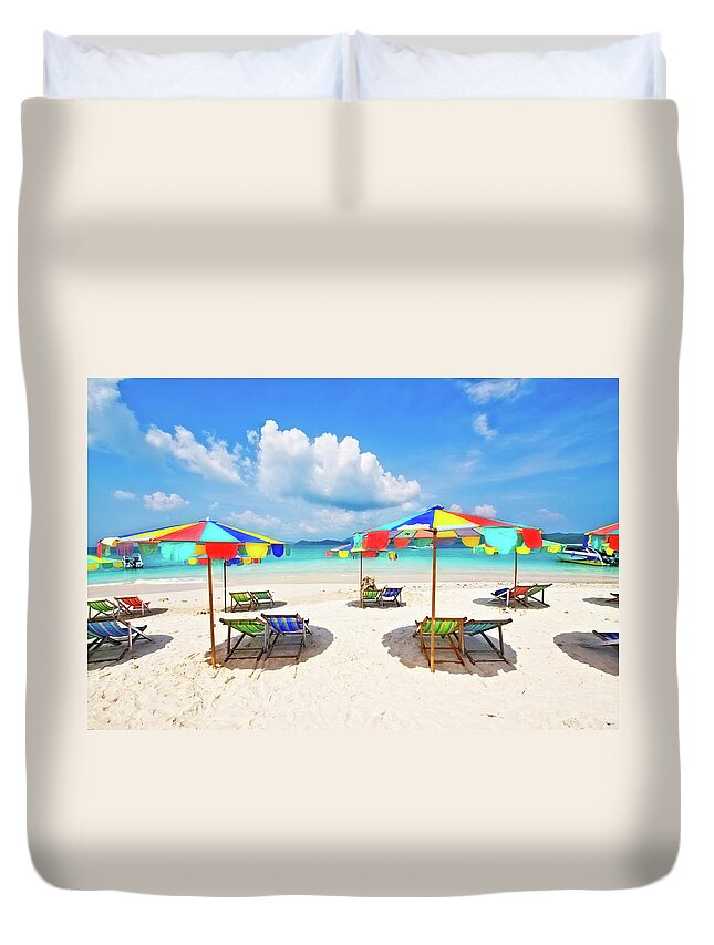 Chaise Longue Duvet Cover featuring the photograph White Sandy Beach With Chairs And by Aleksandargeorgiev