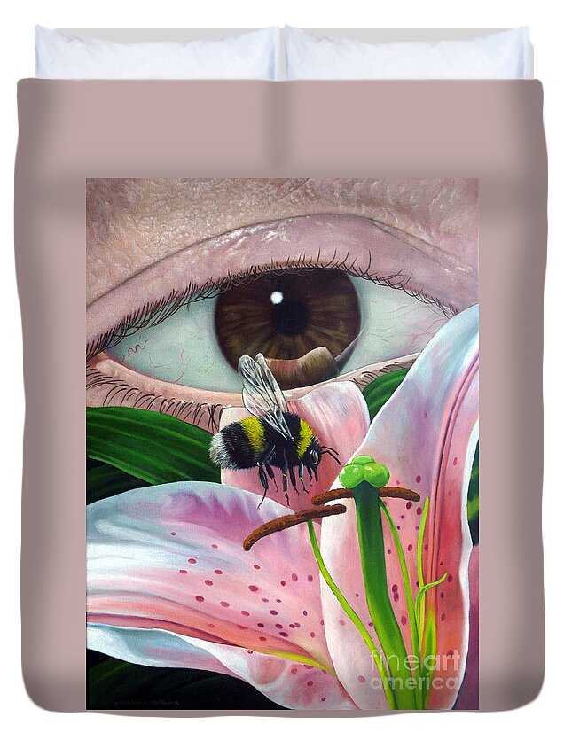 Bumble Bee Duvet Cover featuring the painting White Tailed Bumble Bee Upon Lily Flower by Christopher Shellhammer