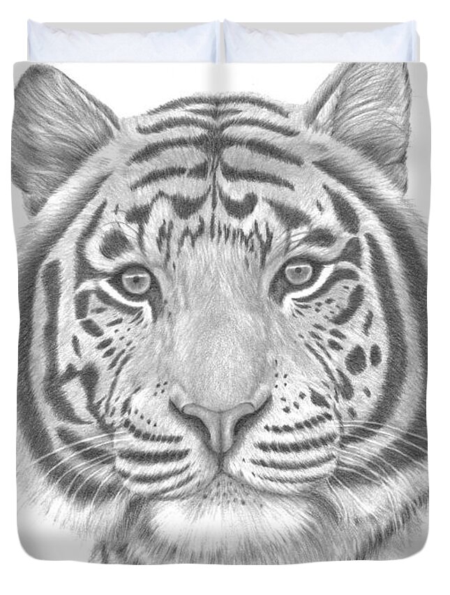 Tiger Duvet Cover featuring the drawing White Tiger by Patricia Hiltz
