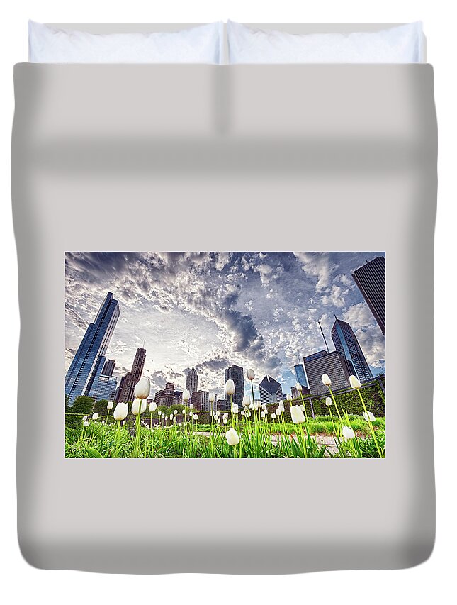 Tranquility Duvet Cover featuring the photograph White Tulips And Skyline by By Ken Ilio