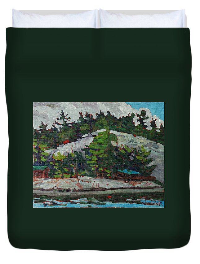 Whitefish Duvet Cover featuring the painting Whitefish River Cottages by Phil Chadwick