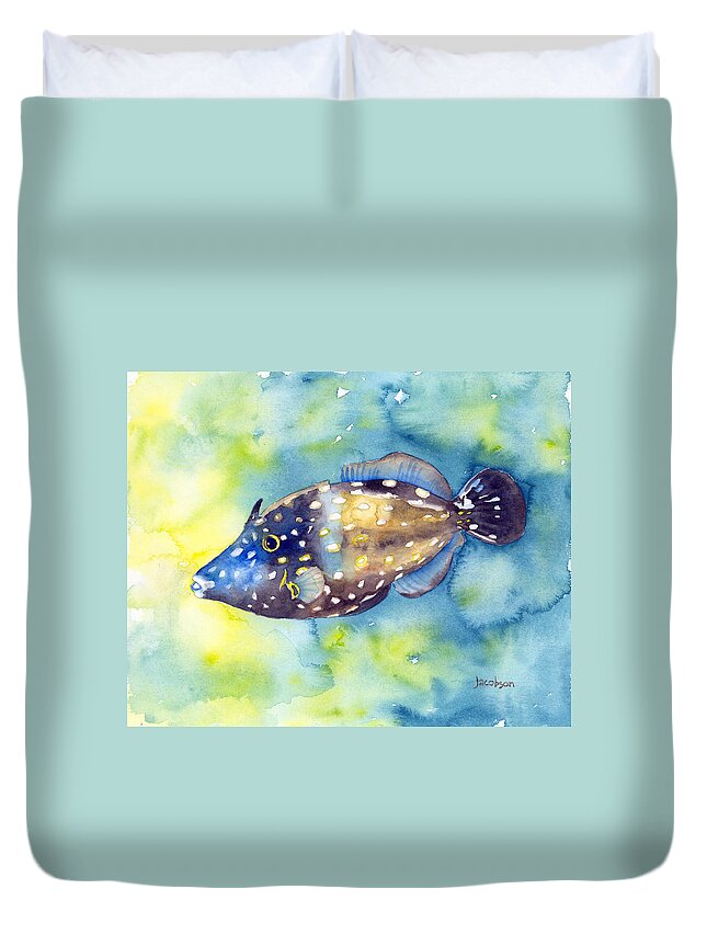 Filefish Duvet Cover featuring the painting Whitespot Filefish by Pauline Walsh Jacobson