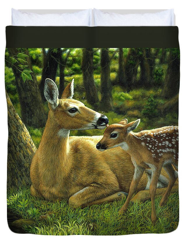 Deer Duvet Cover featuring the painting Whitetail Deer - First Spring by Crista Forest