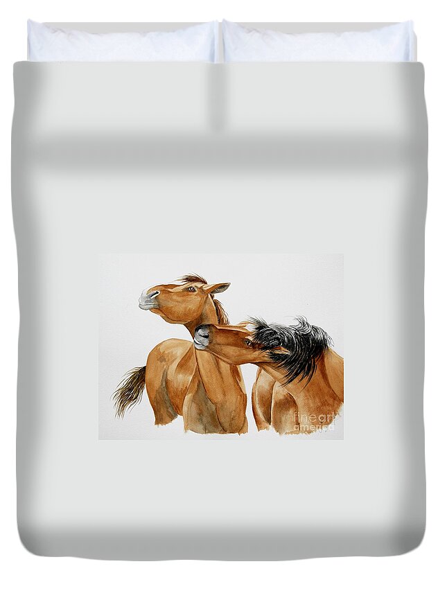 Wild Horses Duvet Cover featuring the painting Wild Horse Kisses by Joette Snyder