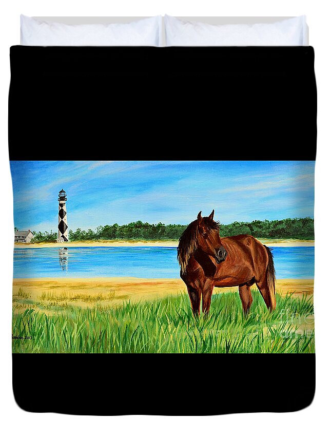 Wild Horse Duvet Cover featuring the painting Wild Horse Near Cape Lookout Lighthouse by Pat Davidson