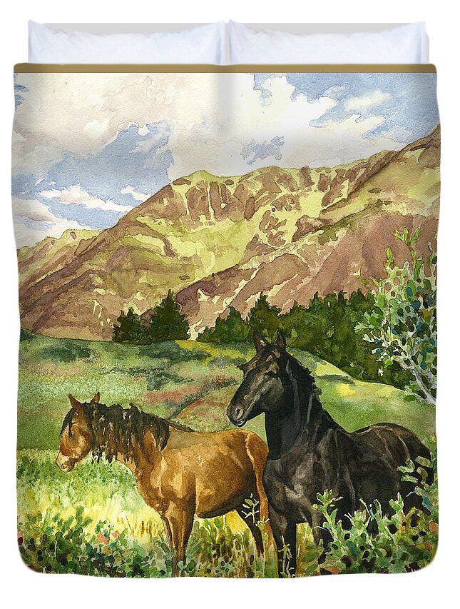 Horse Painting Duvet Cover featuring the painting Wild Horses by Anne Gifford