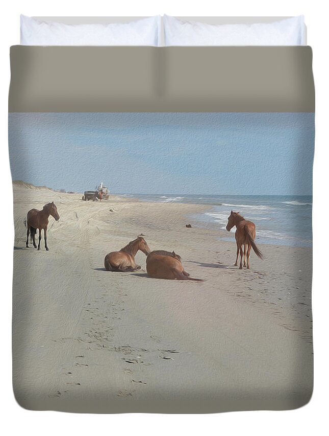 Wild Spanish Mustangs Duvet Cover featuring the photograph Wild Horses on the beach by Tracy Winter
