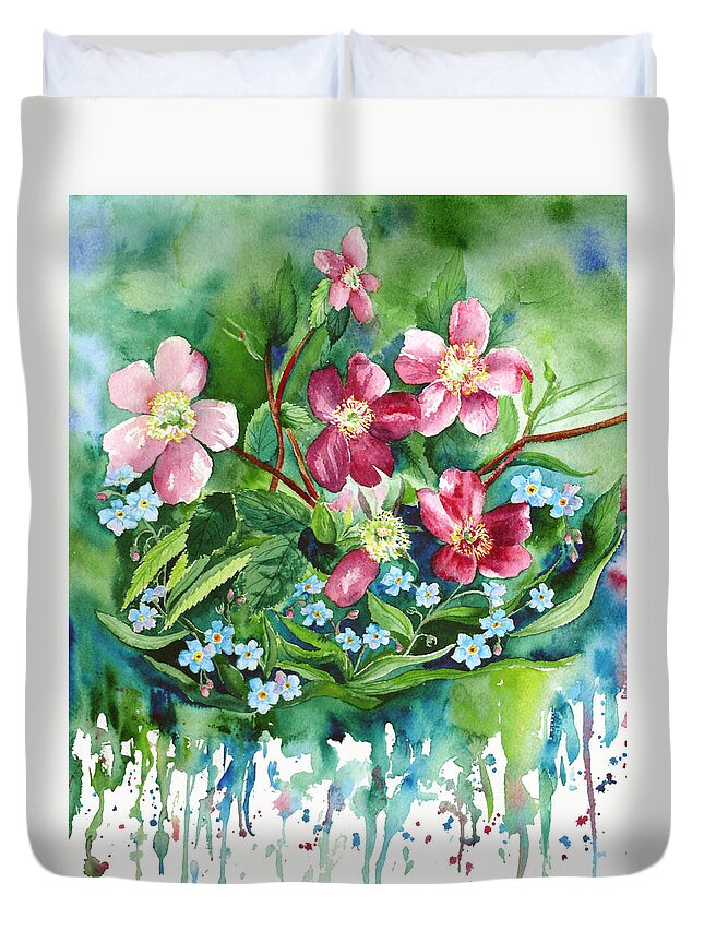 Wild Rose Duvet Cover featuring the painting Wild Roses and Forget Me Nots by Karen Mattson