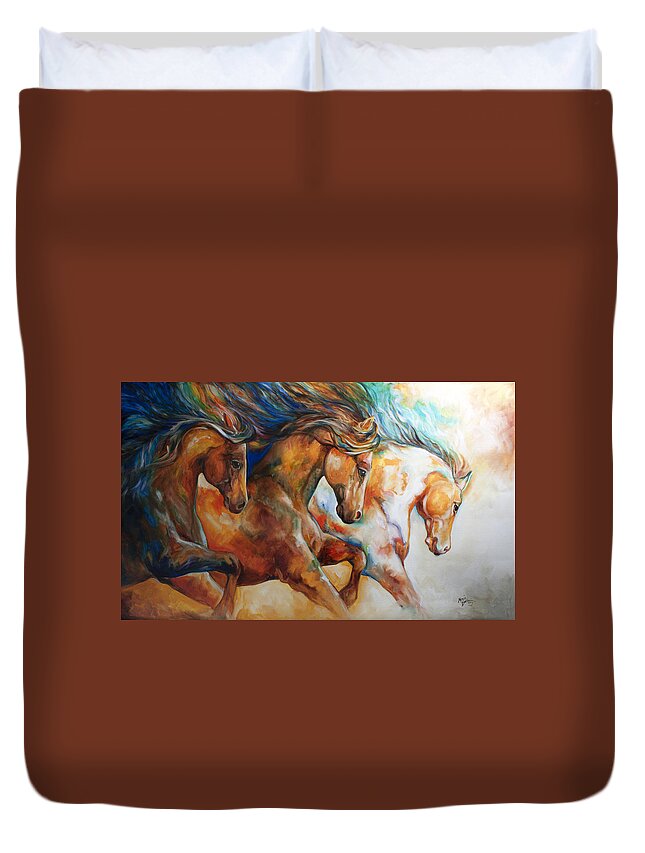 Horse Duvet Cover featuring the painting Wild Trio Run by Marcia Baldwin