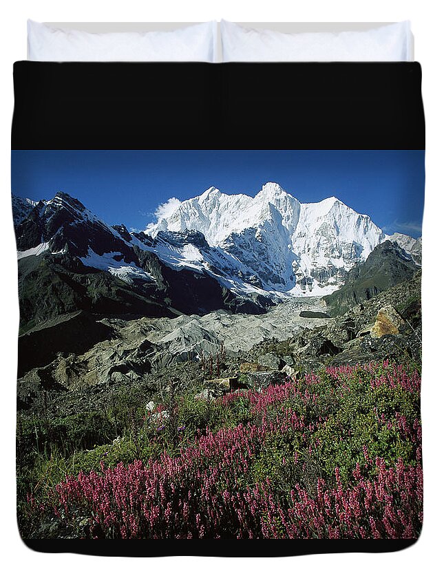 Feb0514 Duvet Cover featuring the photograph Wildflowers And Kangshung Glacier by Colin Monteath
