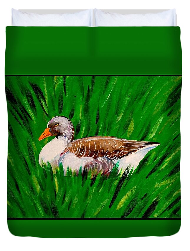 Goose Duvet Cover featuring the painting Wildwood Park Goose by Jim Harris