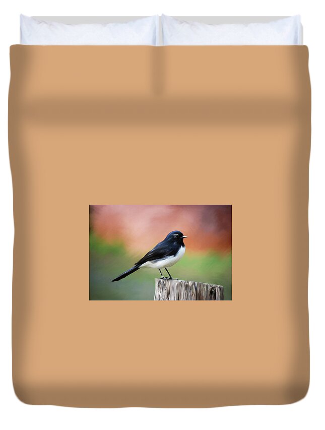 Willy Duvet Cover featuring the painting Willy Wagtail Austalian Bird Painting by Michelle Wrighton