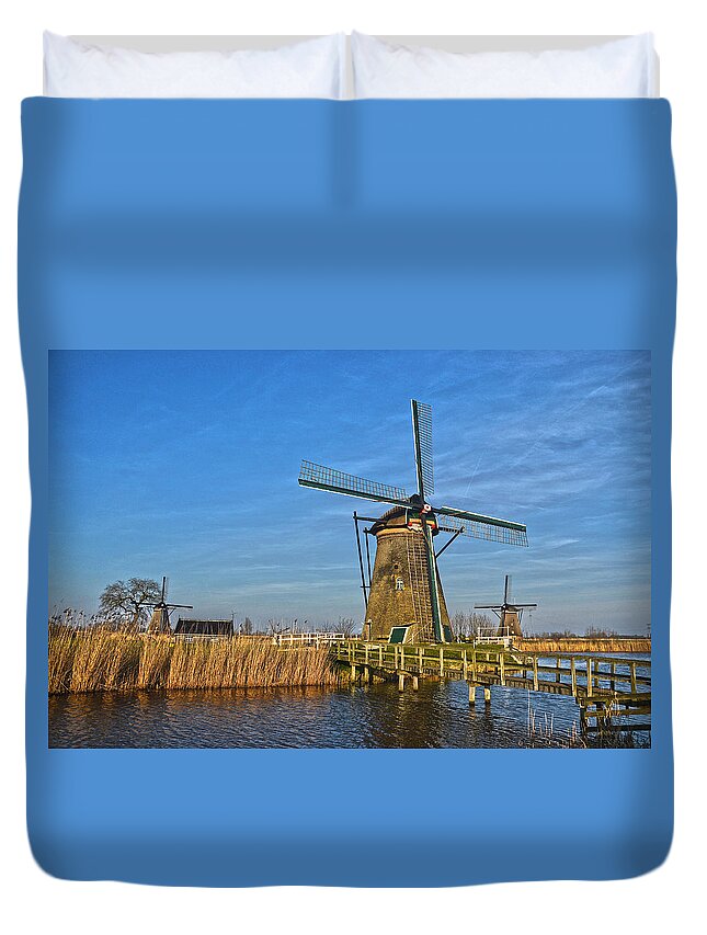 Windmills Duvet Cover featuring the photograph Windmills And Bridge Near Kinderdijk by Frans Blok