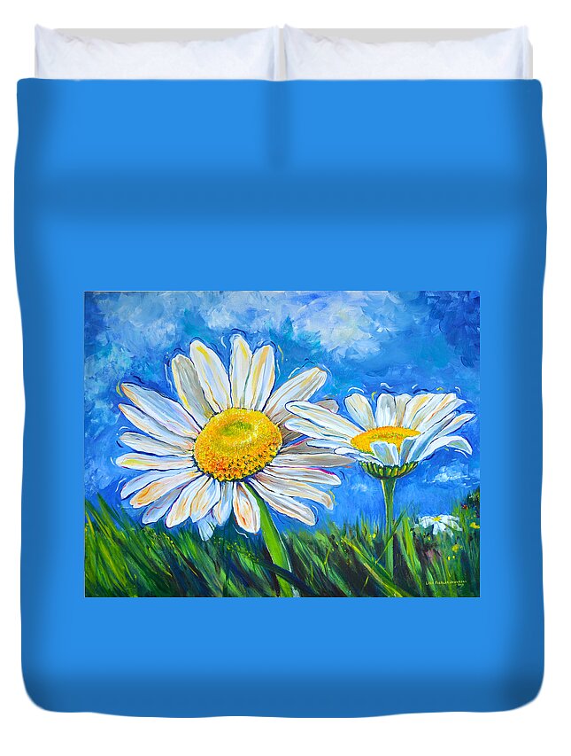 Daisy Duvet Cover featuring the painting Windswept Daisies by Lisa Jaworski