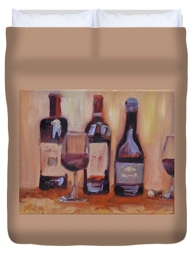Wine Duvet Cover featuring the painting Wine Bottle Trio by Donna Tuten