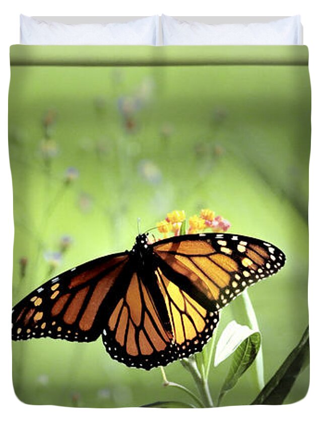 Monarch Photograph Print Duvet Cover featuring the photograph Wings In Soft Green by Lucy VanSwearingen