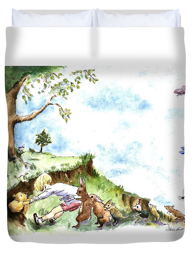 Winnie The Pooh Duvet Cover featuring the painting Helping Hands after E H Shepard by Maria Hunt