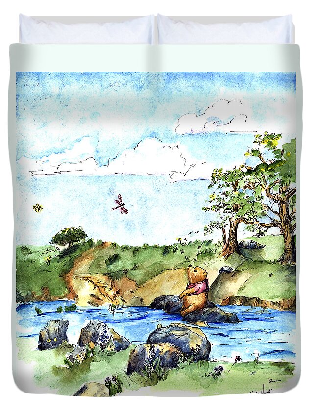 Winnie The Pooh Illustration Duvet Cover featuring the painting Imagining the Hunny after E H Shepard by Maria Hunt