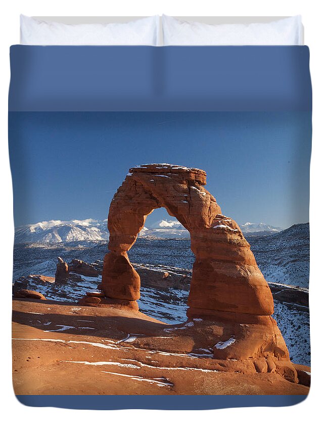 Nature Duvet Cover featuring the photograph Winter at Delicate Arch by Julia McHugh