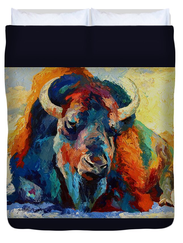 Wildlife Duvet Cover featuring the painting Winter Bison by Marion Rose