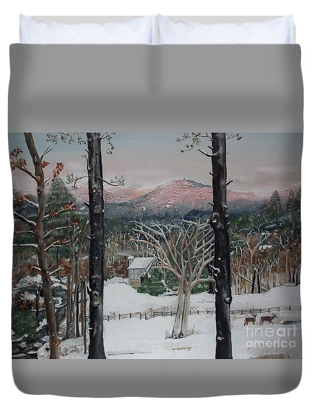 Winter.appalachian Duvet Cover featuring the painting Winter - Cabin - Pink Knob by Jan Dappen