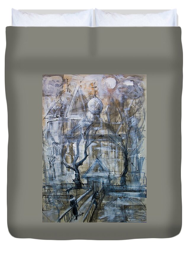 Cityscape Duvet Cover featuring the painting Winter City by Maxim Komissarchik