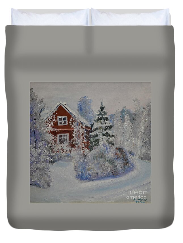 Raija Merila Duvet Cover featuring the painting Winter in Finland by Raija Merila
