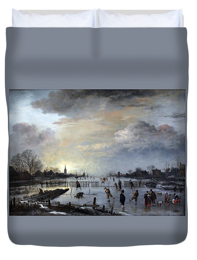 Winter Duvet Cover featuring the painting Winter Landscape with Skaters by Gianfranco Weiss