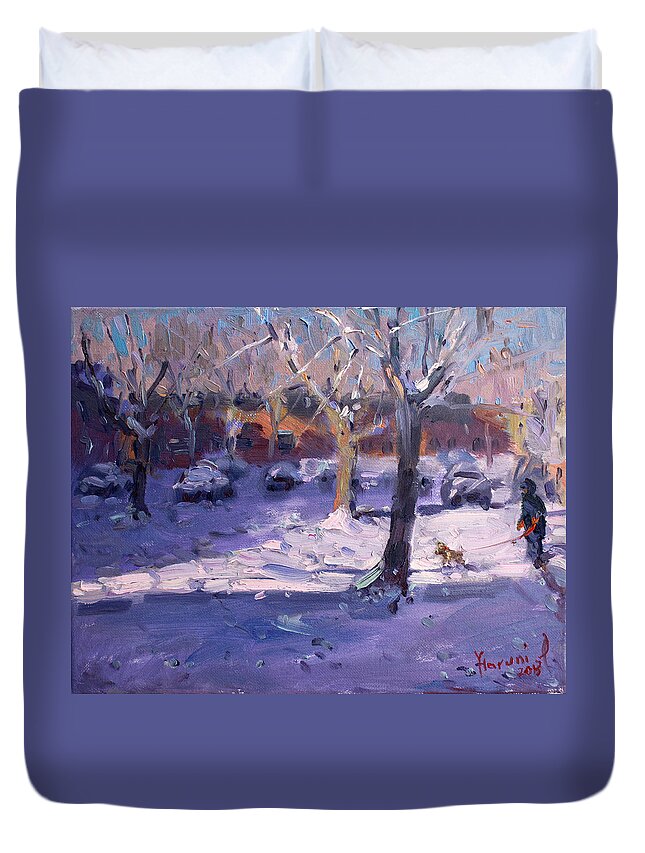 Winter Duvet Cover featuring the painting Winter Morning in my Courtyard by Ylli Haruni