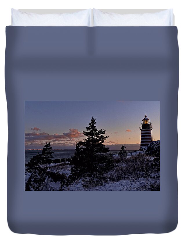 West Quoddy Head Lighthouse Duvet Cover featuring the photograph Winter Sentinel Lighthouse by Marty Saccone