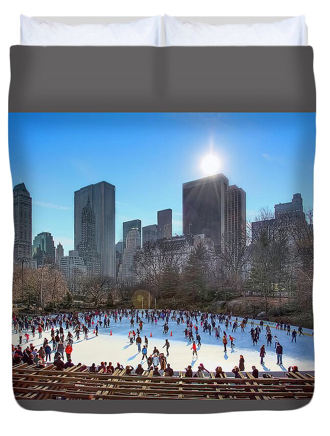 Shadow Duvet Cover featuring the photograph Winter Skating In Central Park by Andrew Thomas