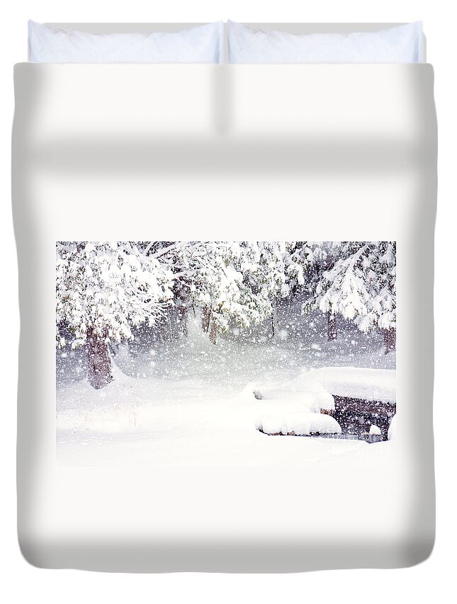 Winter Snow Bridge Picture Duvet Cover featuring the photograph Winter Snow Bridge by Gwen Gibson