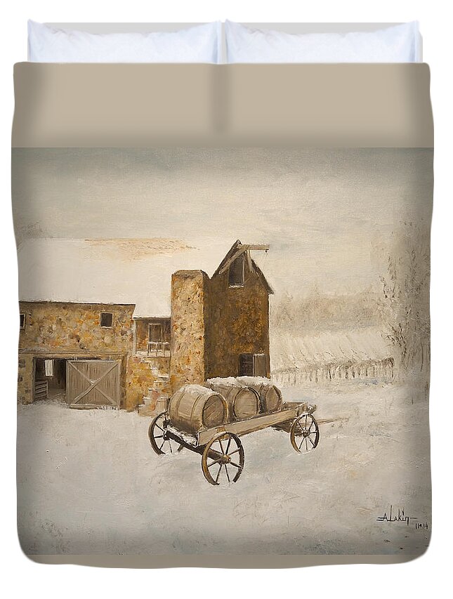 Landscape. Wine Duvet Cover featuring the painting Winter Wine by Alan Lakin
