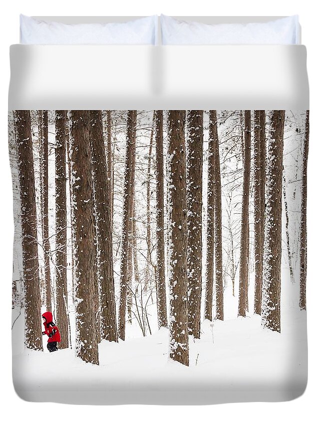 north Woods Snow snowy Woods winter Woods duluth lake Superior Winter fresh Snow greeting Cards amity Woods lester Park child In Landscape childhood Wonder winter Wonderland Duvet Cover featuring the photograph Winter Frolic by Mary Amerman