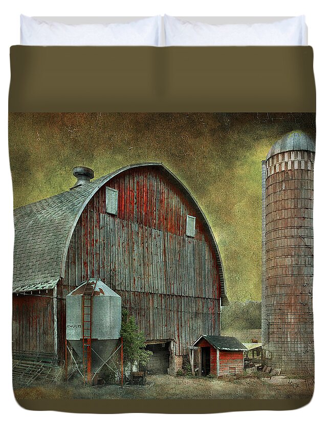 Wisconsin; Barns; Wisconsin Barns; Crib Barn; Cows; Pasture; Landscape; Digital Landscape; Jeff Burgess; Imagesfx; Jeff Burgess Photography; Vacation; Cattle; Midwest; United States Midwest; Trees; Metal; Roof; Red; Red Barn Duvet Cover featuring the photograph Wisconsin Barn - Series by Jeff Burgess