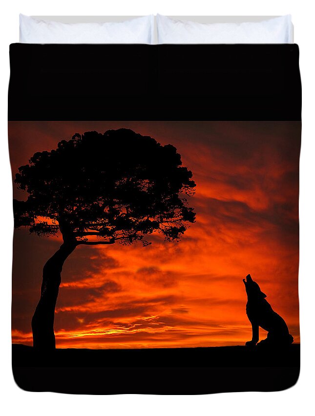 Wolf Duvet Cover featuring the photograph Wolf Calling For Mate Sunset Silhouette Series by David Dehner