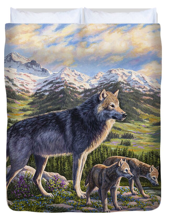 Wolf Duvet Cover featuring the painting Wolf Painting - Passing It On by Crista Forest