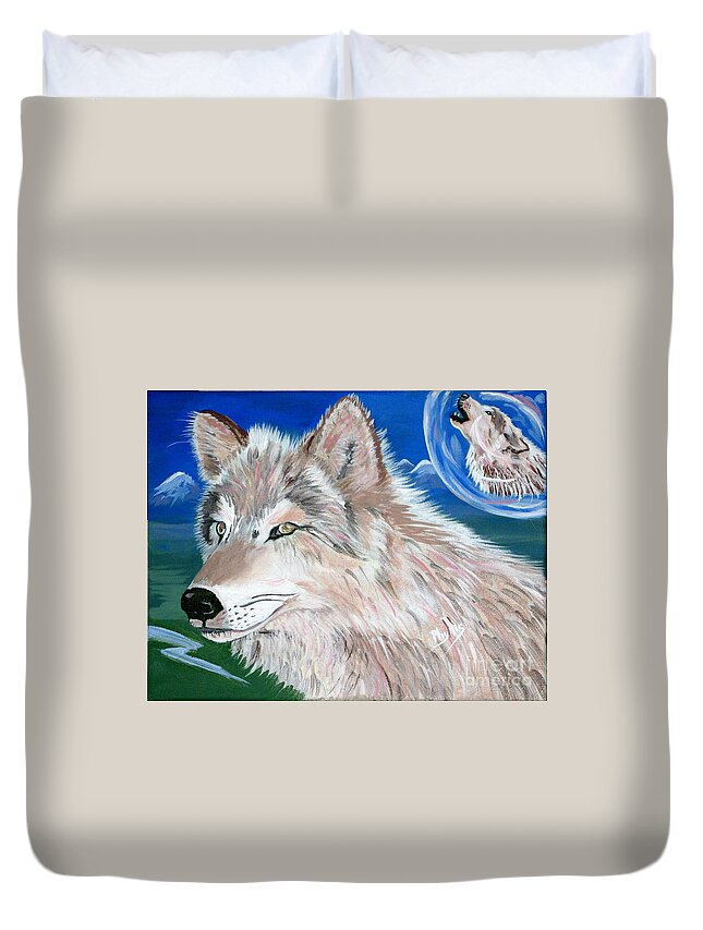 2 Wolves Duvet Cover featuring the painting Wolves by Phyllis Kaltenbach